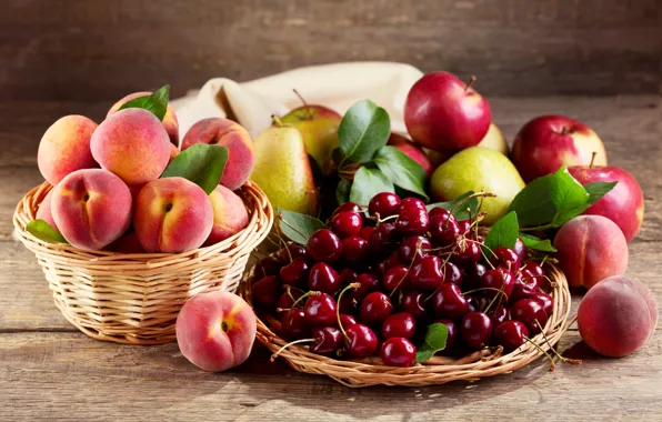 Picture apples, basket, peaches, pear, cherry