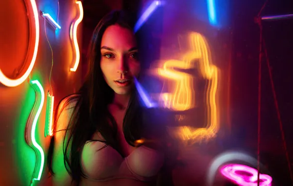 Look, sexy, model, makeup, brunette, hairstyle, bra, neon light