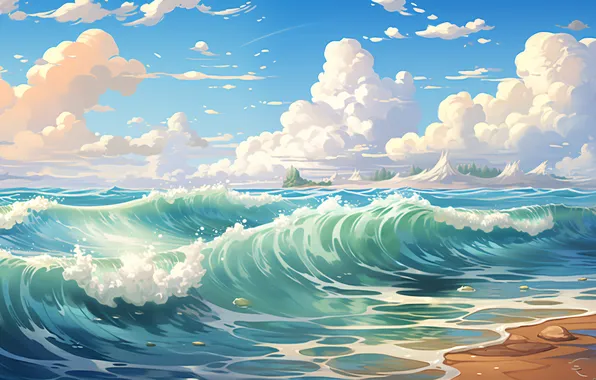 Water, Clouds, Sea, Wave, Digital art, AI art, The Art of Artificial Intelligence, Neural network