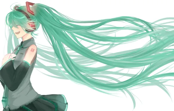 Girl, smile, white background, profile, Hatsune Miku, Vocaloid, long hair, closed eyes