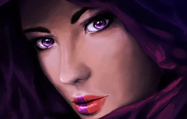 Picture eyes, look, girl, face, art, lips, hood, painting