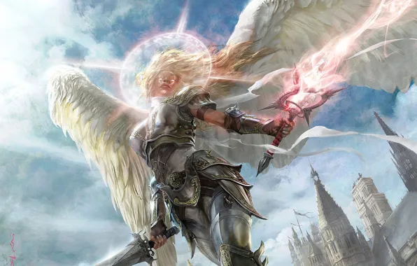 Picture girl, light, the city, magic, armor, Angel, swords, halo