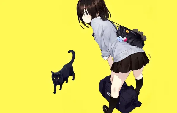 Back, schoolgirl, bag, knee, black cat, yellow background, art, mini skirt