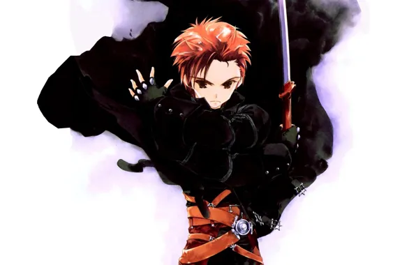 Katana, red, gloves, guy, cloak, art, straps, sumi keiichi