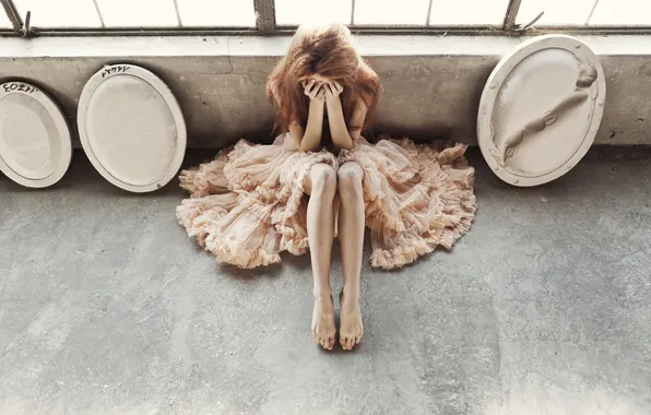 Girl, feet, hands, dress, crying