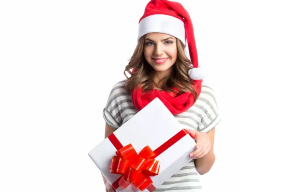 Picture girl, smile, box, sweetheart, gifts, white background, New year, curls