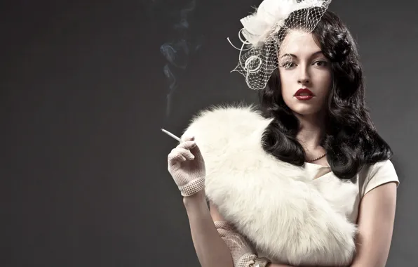 Look, girl, smoke, brunette, cigarette, gloves, hat, veil