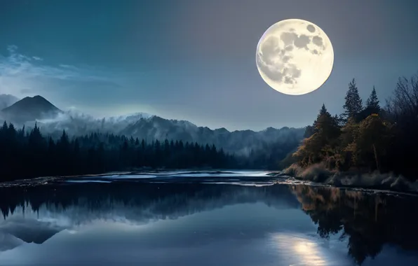 Night, the moon, the full moon, pond, AI art, neural network