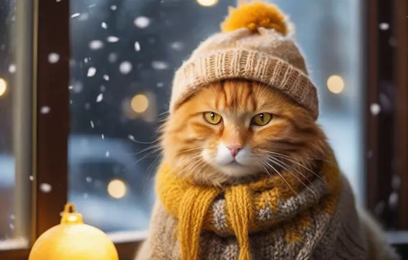 Winter, cat, cat, look, snow, yellow, pose, clothing