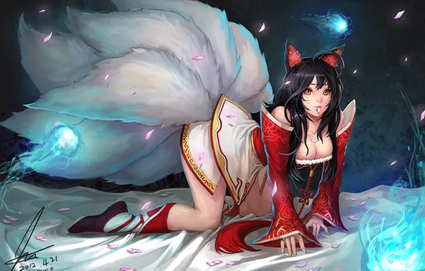 Picture girl, petals, shoes, tail, bangs, animal ears, league of legends, black hair