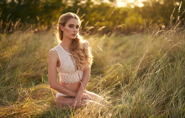 Grass, look, the sun, pose, model, panties, makeup, figure