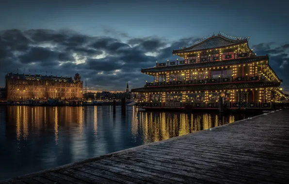 Night, home, pier, Amsterdam, Netherlands, promenade, Sea Palace, Chinese restaurant
