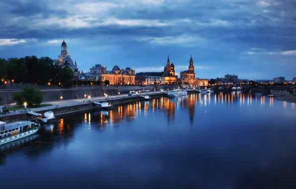 The sky, clouds, trees, lights, river, home, the evening, Germany