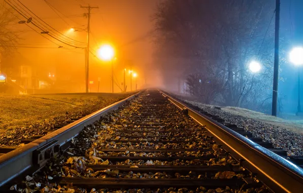 Night, fog, railroad