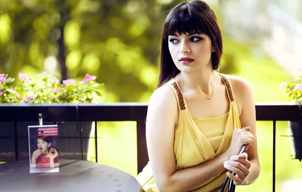 Advertising, dress, outfit, balcony, brown hair, table