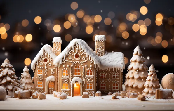 Snow, balls, New Year, Christmas, house, new year, happy, Christmas