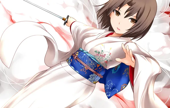 Girl, sword, katana, art, kimono, kara no kyoukai, yougi shiki, young
