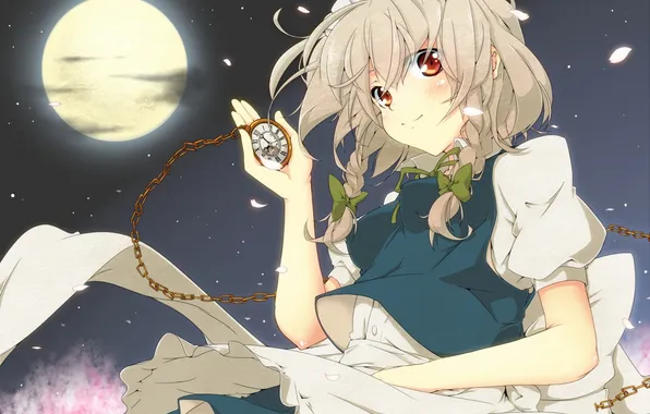 Picture girl, night, the moon, watch, petals, art, chain, touhou