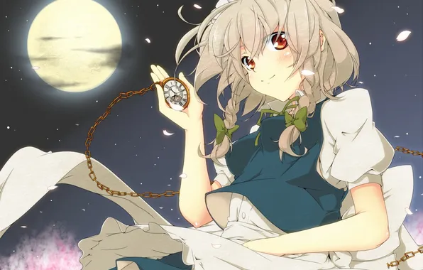 Girl, night, the moon, watch, petals, art, chain, touhou