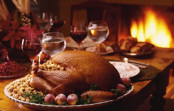 Picture table, fire, wine, fireplace, Turkey, stuffed