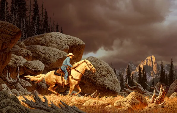 Forest, landscape, clouds, stones, rocks, horse, horse, people
