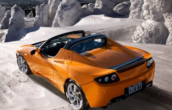 Snow, orange, electric, tesla, roadster sport