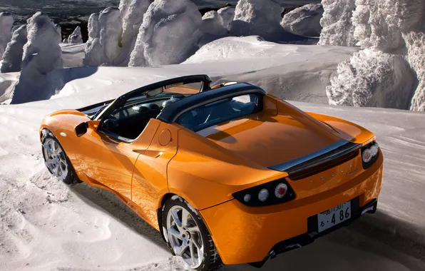 Snow, orange, Tesla, electric, roadster sport