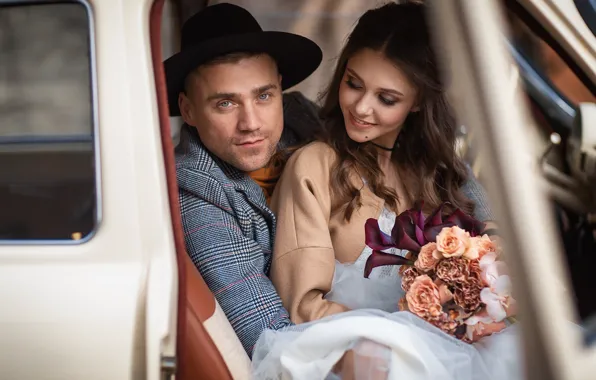 Picture machine, girl, flowers, bouquet, hat, brown hair, guy, car