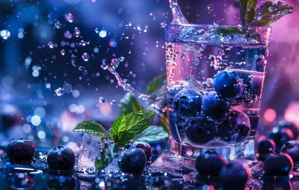 Ice, glass, food, splash, colorful, berry, blueberries, berry