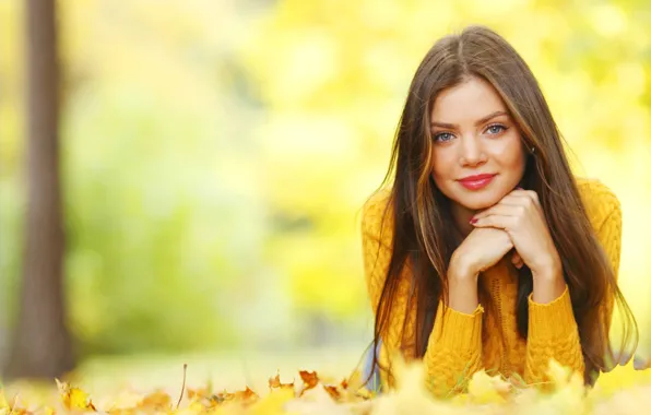 Picture girl, long hair, blur, leaves. autumn