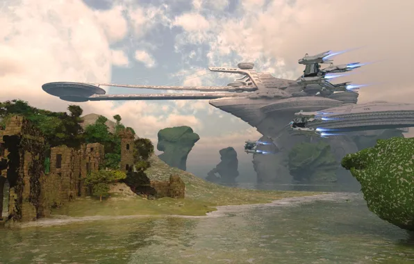 Sky, bridge, water, clouds, rocks, spaceship, planet, castle