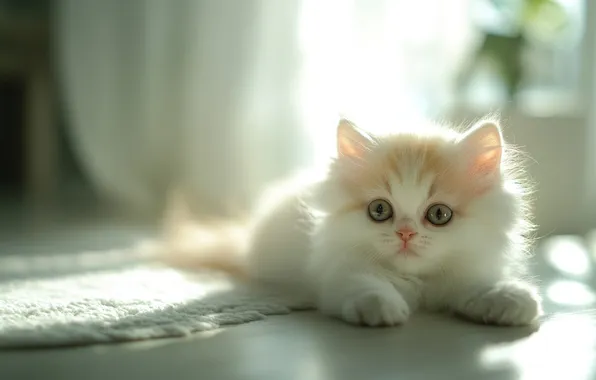 Cat, white, look, pose, kitty, legs, window, floor