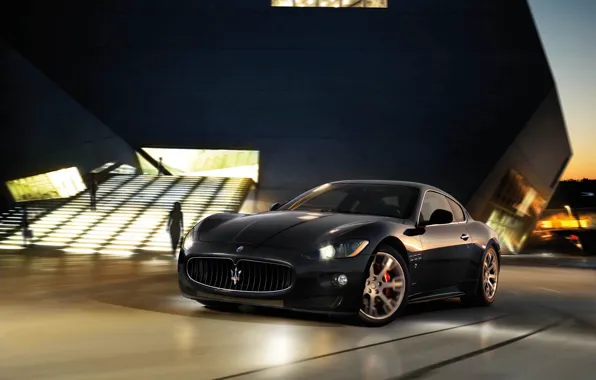 Maserati, Black, Night, The building, Lights, GranTurismo, Blur