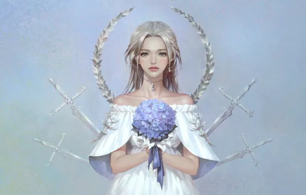 Flowers, Girl, Minimalism, Look, Style, Girl, Sword, Fantasy