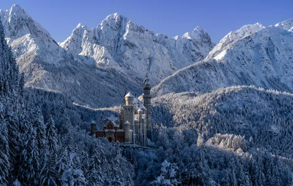 Picture winter, forest, snow, mountains, castle, Germany, Bayern, Germany