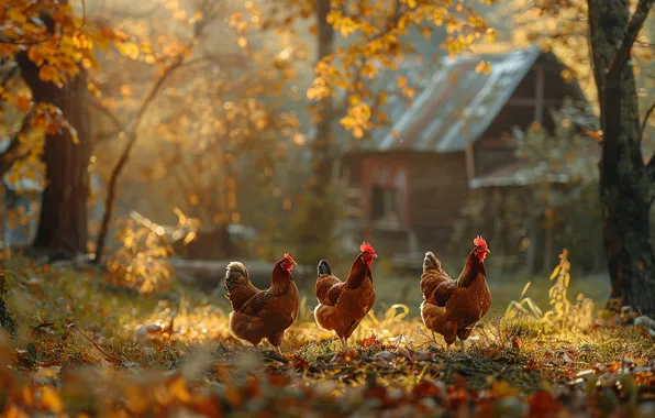 Autumn, grass, light, trees, birds, branches, house, glade