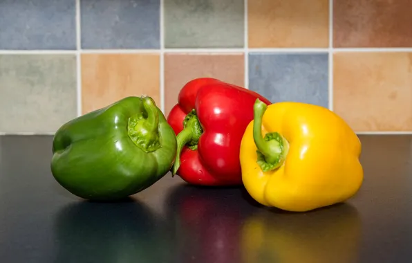 Macro, red, yellow, green, pepper, trio, paprika