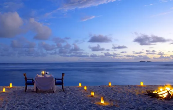 Beach, the ocean, romance, candles, the fire, beach, romantic, dinner
