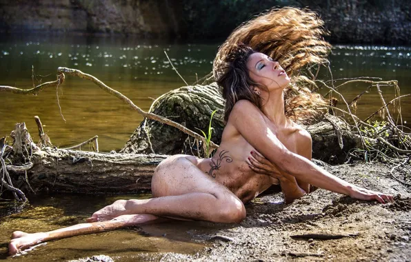 BODY, HAIR, SAND, TATTOO, BROWN hair, SNAG, POND