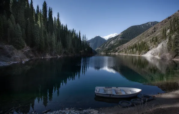Landscape, mountains, nature, lake, boat, Kazakhstan, forest, Bank