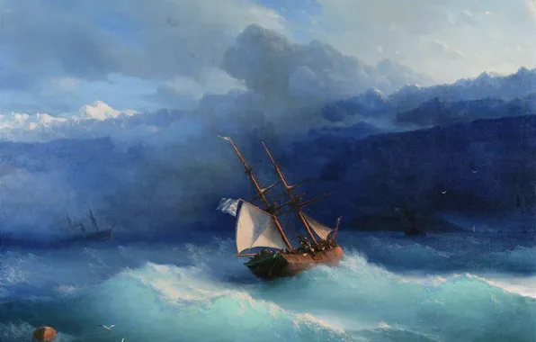 Ship, picture, sail, seascape, Ivan Aivazovsky, Along The Coast
