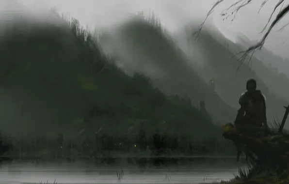 Mountains, lights, fog, lake, weapons, hills, people, home