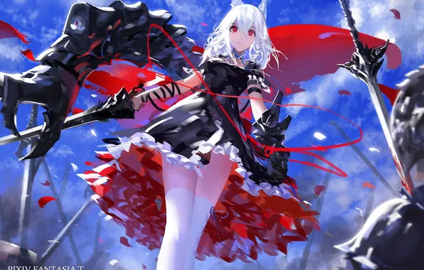 The sky, girl, clouds, weapons, blood, sword, anime, petals