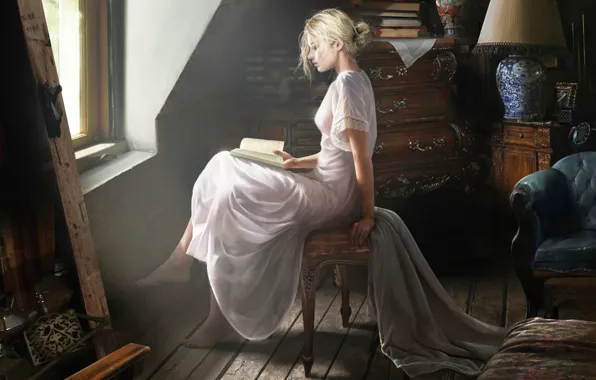 Picture girl, room, window, book, profile, sitting, reads