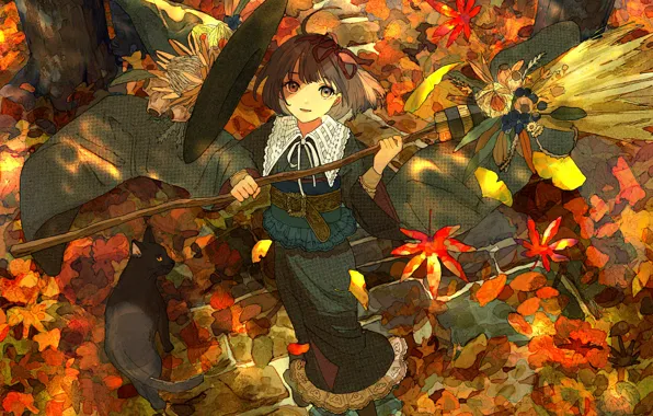 Autumn, leaves, girl, witch, broom, black cat, bridge