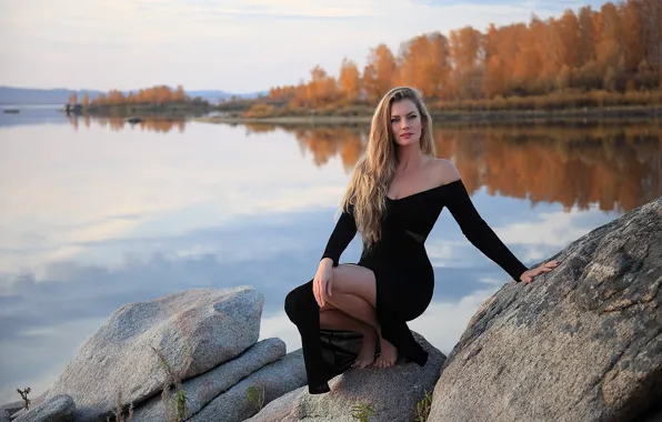 Autumn, look, girl, nature, pose, river, stones, beauty