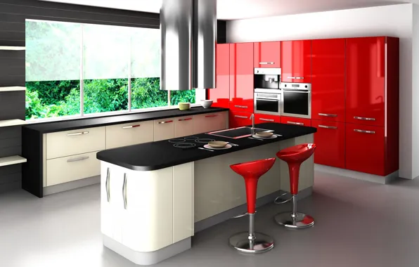 Download Stylish Kitchen Interior with Red Refrigerator Wallpaper