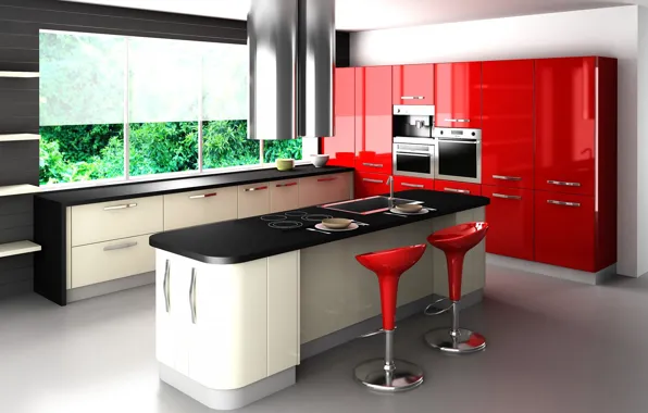 Red, style, table, chairs, window, kitchen, headsets