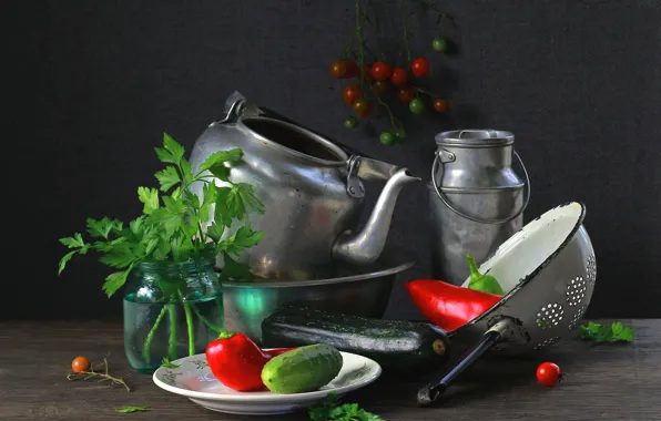Table, kettle, plate, Bank, pepper, still life, vegetables, tomatoes