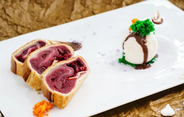 Cherry, chocolate, plate, pie, ice cream, dessert, sweet, chocolate